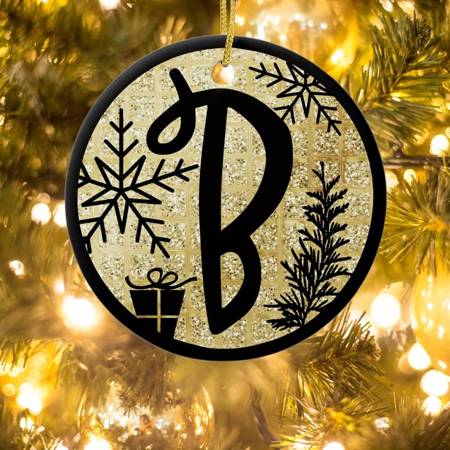 Christmas Monogram Letter B Black Gold Glitzer Keramik Ornament (Von Creator hochgeladen)