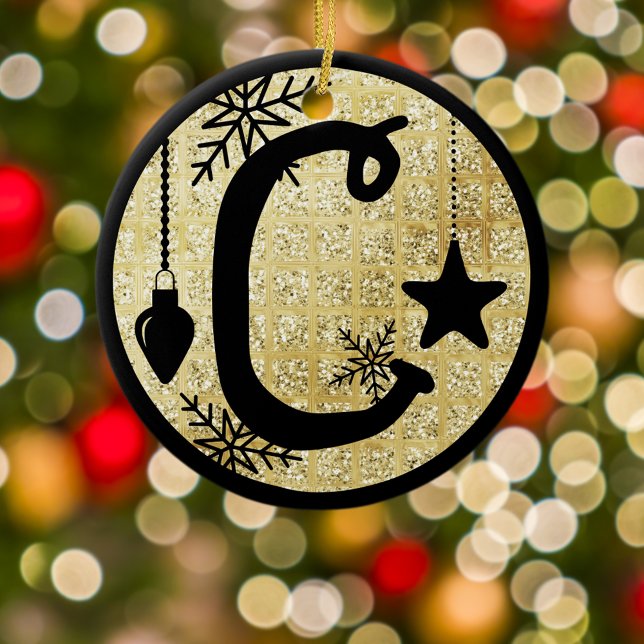 Christmas Monogram Letter C Black Gold Glitter Keramik Ornament (Von Creator hochgeladen)