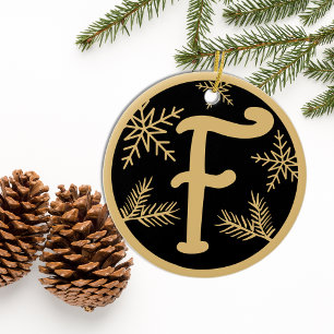 Christmas Monogram Letter F Gold Black Keramik Ornament
