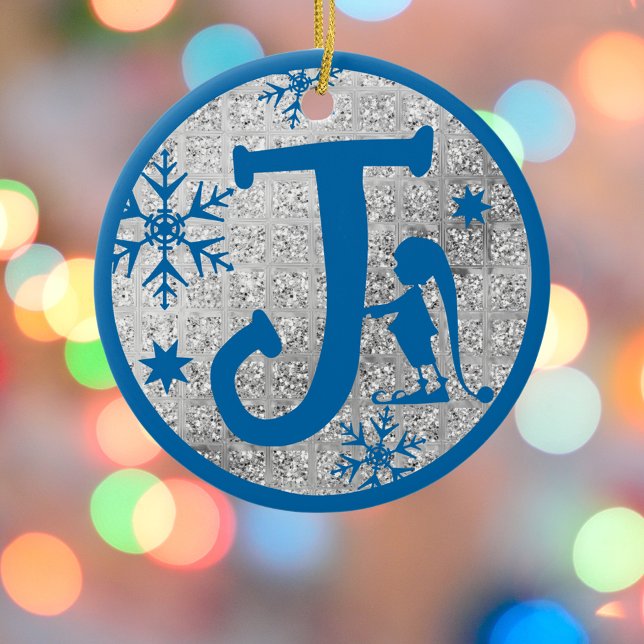 Christmas Monogram Letter J Blue Silver Glitzer Keramik Ornament (Von Creator hochgeladen)
