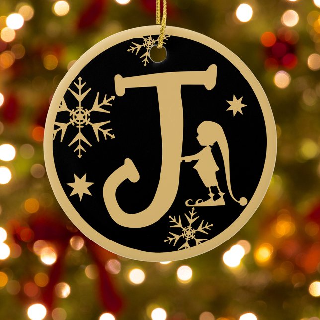 Christmas Monogram Letter J Gold Black Keramik Ornament (Von Creator hochgeladen)