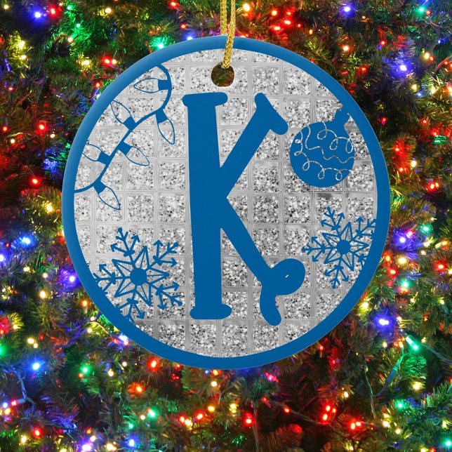 Christmas Monogram Letter K Blue Silver Glitter Keramik Ornament (Von Creator hochgeladen)