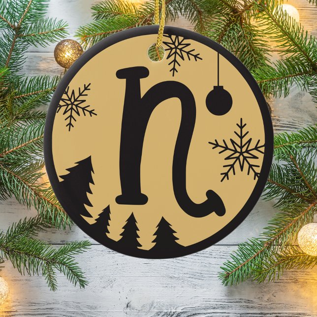 Christmas Monogram Letter N Black Gold Keramik Ornament (Von Creator hochgeladen)