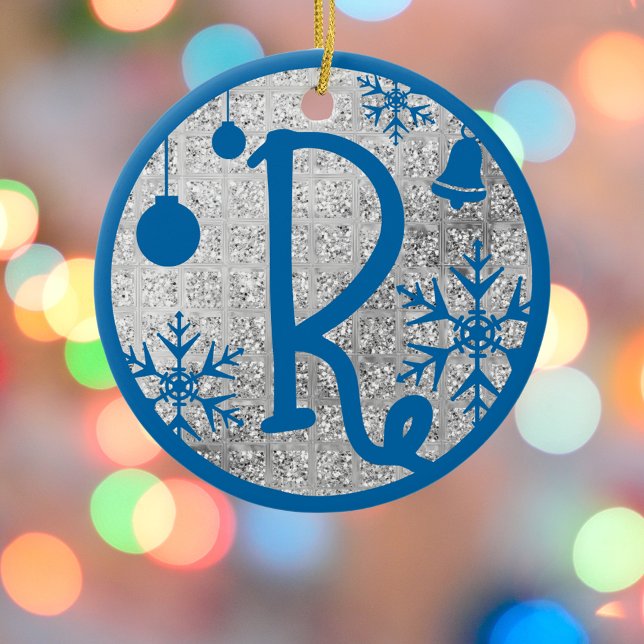 Christmas Monogram Letter R Blue Silver Glitzer Keramik Ornament (Von Creator hochgeladen)