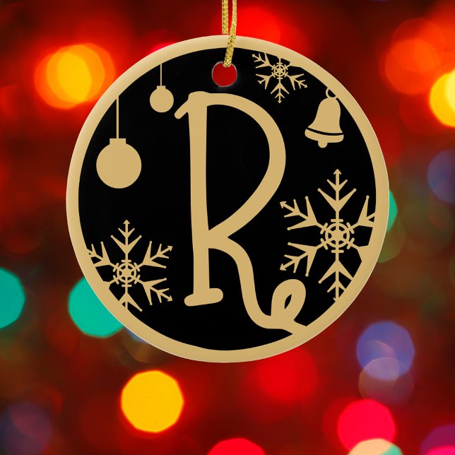 Christmas Monogram Letter R Gold Black Keramik Ornament (Von Creator hochgeladen)