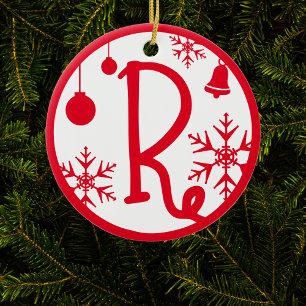 Christmas Monogram Letter R Red White Keramik Ornament