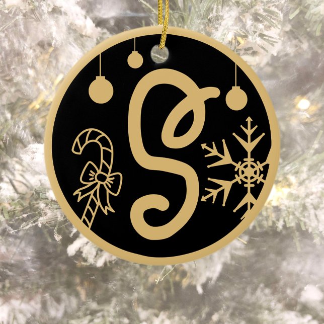 Christmas Monogram Letter S Gold Black Keramik Ornament (Von Creator hochgeladen)