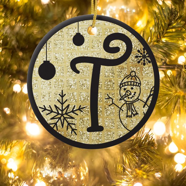 Christmas Monogram Letter T Black Gold Glitter Keramik Ornament (Von Creator hochgeladen)