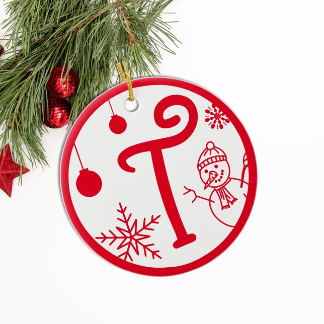 Christmas Monogram Letter T Red White Keramik Ornament (Von Creator hochgeladen)