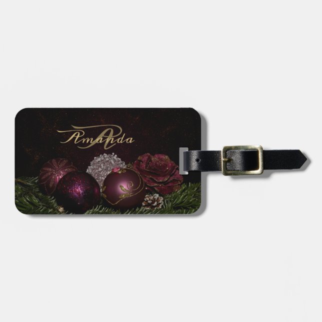 Christmas Monogram Pink Ornament Green Black Gepäckanhänger (Vorderseite horizontal)