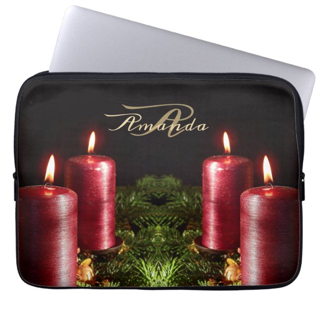 Christmas Monogram Red Candles Winter Holidays Laptopschutzhülle (Vorderseite)