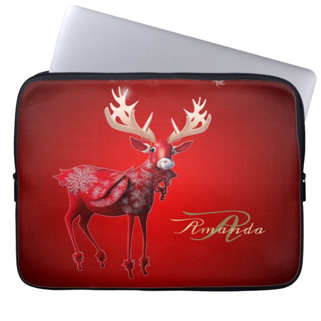 Christmas Monogram Red Reindeer Winter Holidays Laptopschutzhülle (Vorderseite)