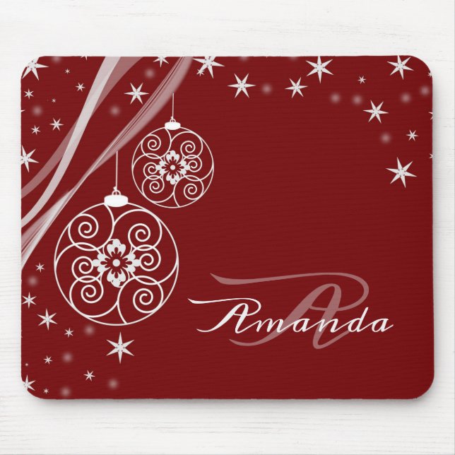 Christmas Monogram White Ornaments Red Elegant Mousepad (Vorne)