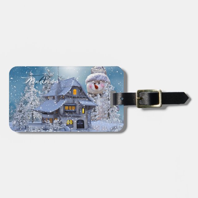 Christmas Monogram Winter White Snowman Blue Gepäckanhänger (Vorderseite horizontal)