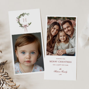 Christmas Monogram Wreath Blush Bow Foto Feiertagskarte