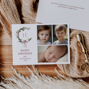 Christmas Monogram Wreath Blush Bow Foto Feiertagskarte