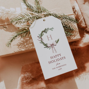 Christmas Monogram Wreath Blush Bow Geschenkanhänger