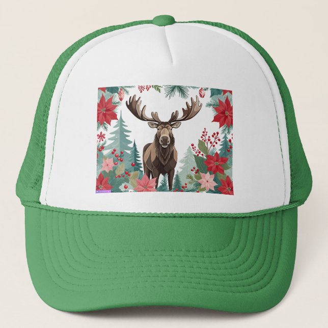 Christmas Moose And Poinsettias Truckerkappe (Vorderseite)