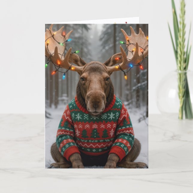 Christmas Moose Wearing an Ugly Sweater Karte (Vorderseite)