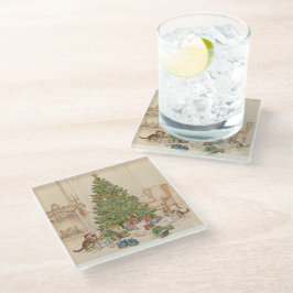Christmas Morning for the Kittens Glass Coaster Glasuntersetzer