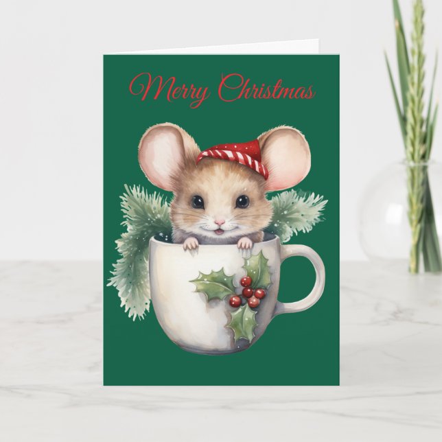 Christmas Mouse in Teacup Feiertagskarte (Vorderseite)