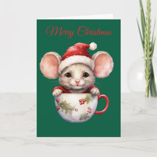 Christmas Mouse in Teacup Feiertagskarte (Vorderseite)