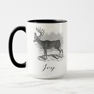 Christmas mug with antique deer etching says Joy Tasse
