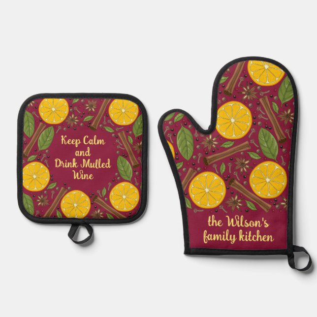 Christmas mulled wine spicy Burgundy Ofenhandschuh & Topflappen-Set (Vorderseite)
