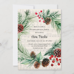 Christmas Music Red Berry Wreath Bachelorette Einladung