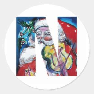 CHRISTMAS N BRIEF / SANTA MIT VIOLIN MONOGRAM RUNDER AUFKLEBER