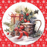 Christmas Natural Holries Pinecones Red Bow Runder Aufkleber<br><div class="desc">Weihnachts Natural Holly Berries Pinecones Red Bow Classic Round Sticker</div>