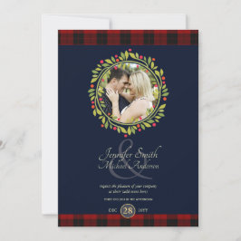 Christmas Navy Blue Wedding FOTO Buffalo Kariert Einladung