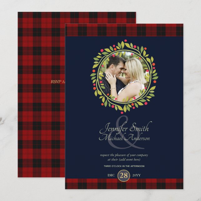 Christmas Navy Blue Wedding FOTO Buffalo Kariert Einladung (Vorne/Hinten)