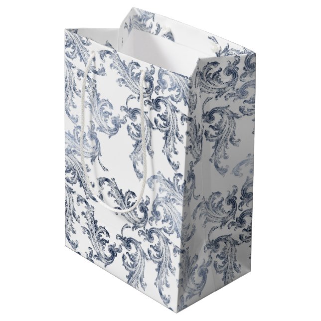 Christmas Navy Bow Velvet Pattern Mittlere Geschenktüte (Rückseite Schrägansicht)
