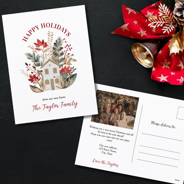 Christmas New Zuhause Feiertagspostkarte (cute watercolor house surrounded with christmas greenery)