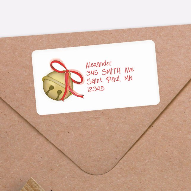 Christmas Niedlich Gold Jingle Bells Red Ribbon Adressaufkleber (Red and gold christmas return address template. )