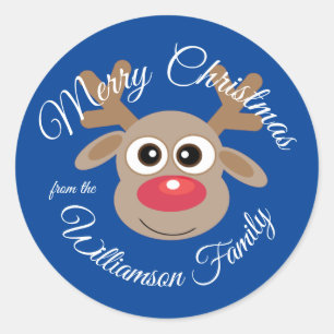 Christmas Niedlich Reindeer Cartoon Blue Novelty Runder Aufkleber