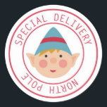 Christmas North Pole Elf Santa Workshop Runder Aufkleber<br><div class="desc">Niedliche Weihnachtself-Design Sonderlieferung aus dem Nordpol Geschenkaufkleber oder Umschlag Aufkleber.</div>