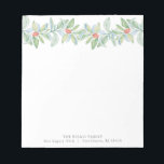 Christmas Notepads Watercolor Red & Green Berries Notizblock<br><div class="desc">These Christmas notepads feature a top boarder of watercolor greenery with red berries. Use the template fields to add your personalized text. A unique choice for the holiday season. Order small quantities or Christmas notepads in bulk. To see more designs like this visit www.zazzle.com/dotellabelle Watercolor art and design by Victoria...</div>