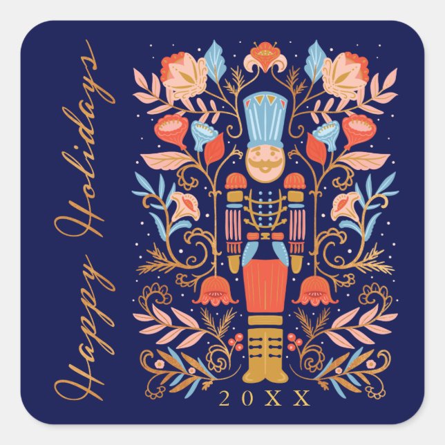 Christmas Nutcracker BlumenFolk Art Deep Blue Quadratischer Aufkleber (Vorderseite)