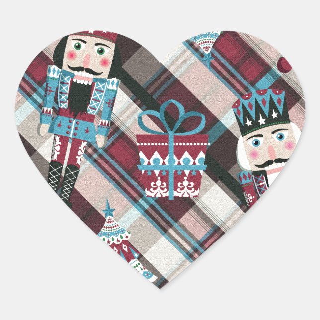 Christmas Nutcracker Kariert Blue Burgund Herz-Aufkleber (Vorderseite)