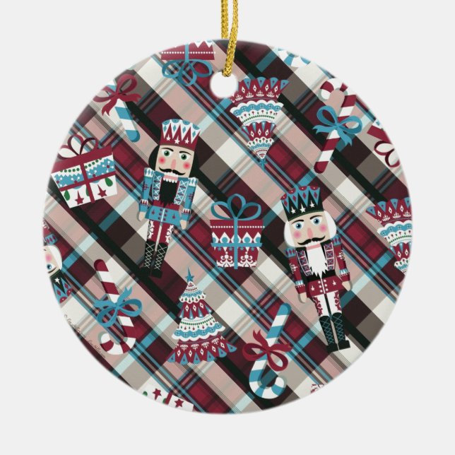 Christmas Nutcracker Kariert Blue Burgund Keramikornament (Vorne)