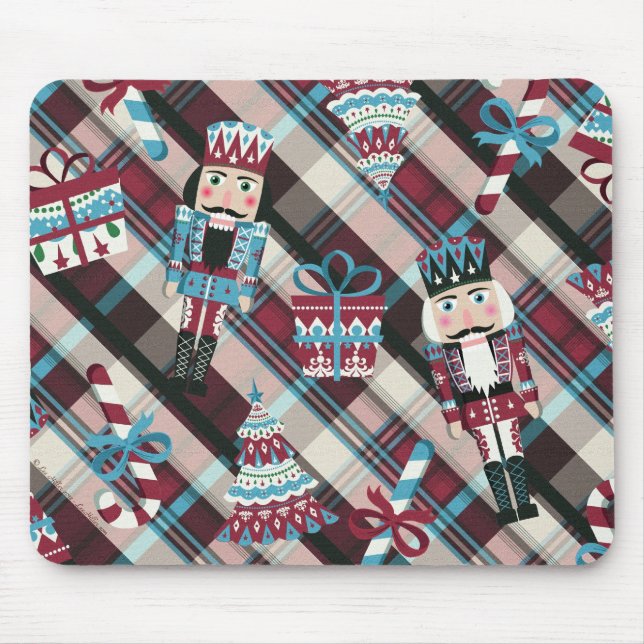 Christmas Nutcracker Kariert Blue Burgund Mousepad (Vorne)