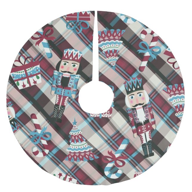 Christmas Nutcracker Kariert Blue Burgund Polyester Weihnachtsbaumdecke (Vorderseite)