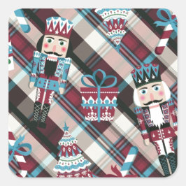 Christmas Nutcracker Kariert Blue Burgund Quadratischer Aufkleber