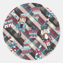 Christmas Nutcracker Kariert Blue Burgund Runder Aufkleber
