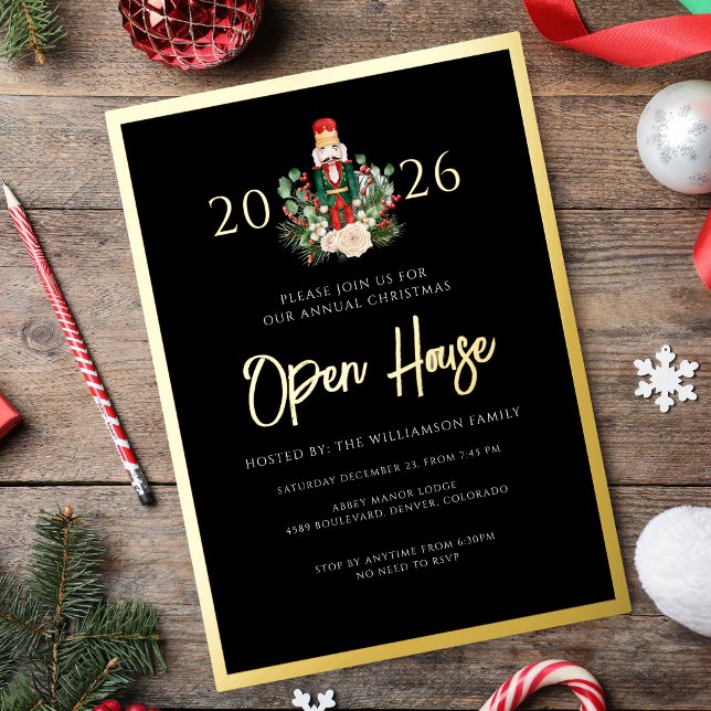 Christmas Nutcracker Open House Script Gold Folieneinladung (Christmas Nutcracker Open House 2026 Black Script Gold Foil Invitation)