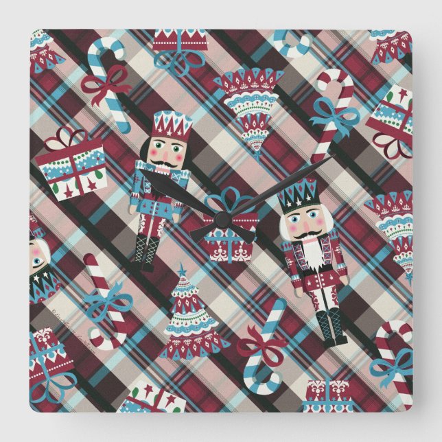 Christmas Nutcracker Plaid Blue Burgundy Quadratische Wanduhr (Vorderseite)