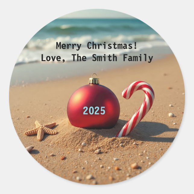 Christmas on the beach starfish candy cane runder aufkleber (Vorderseite)