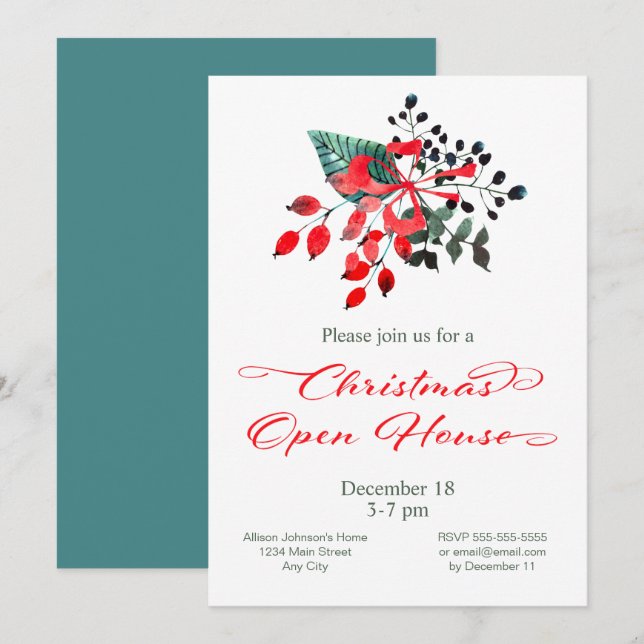 Christmas Open House Partys Winter Berries Bloral Einladung (Vorne/Hinten)